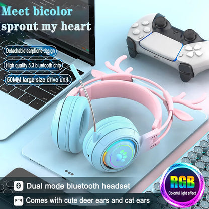 Bluetooth Headphones RGB Gaming Headphones for PC Microphone Surround Sound with Deer Ear Cat Ear Girl Gifts Glow Light Stereo