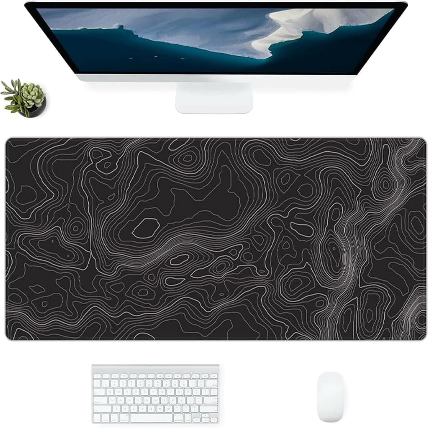 Black Topographic Desk Mat, Large Gaming Mouse Pad 35.4X15.7In