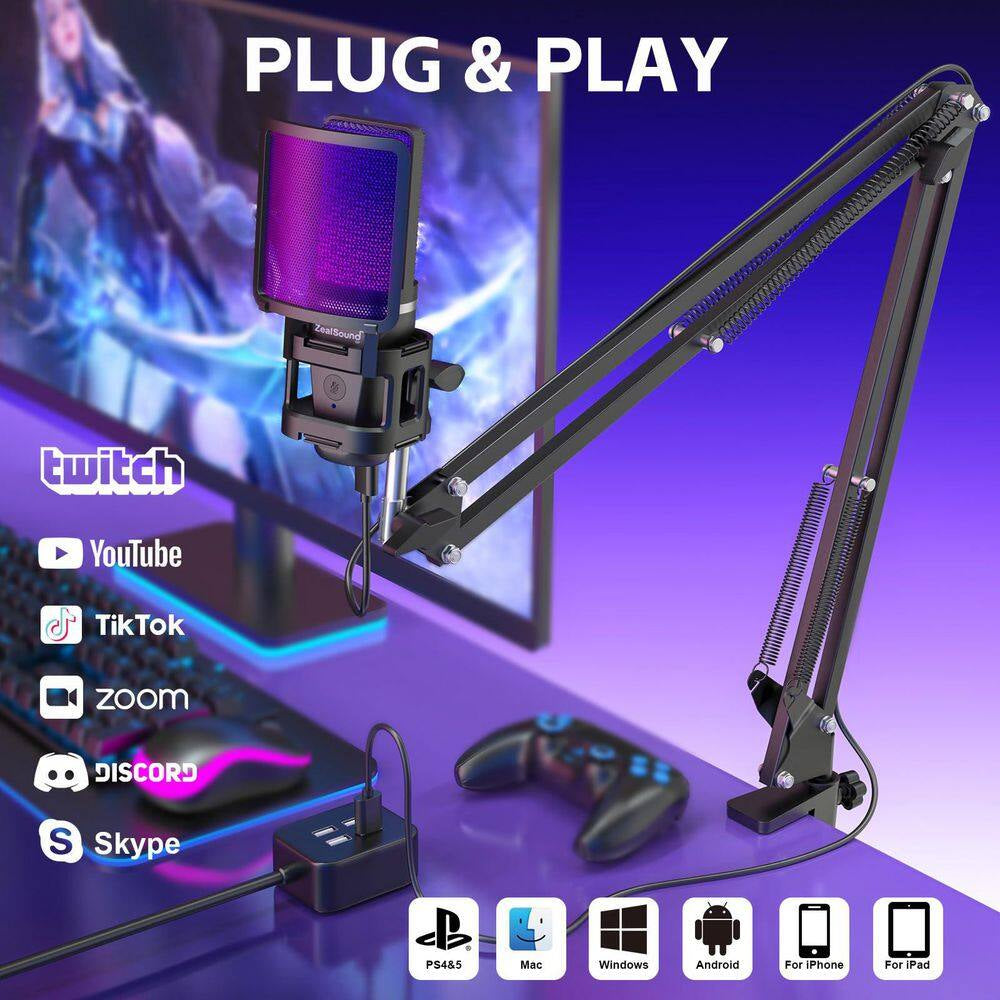 USB Gaming Microphone Condenser Mic with RGB Boom Arm Pop Filter for Streaming Podcast in Black 1-Piece