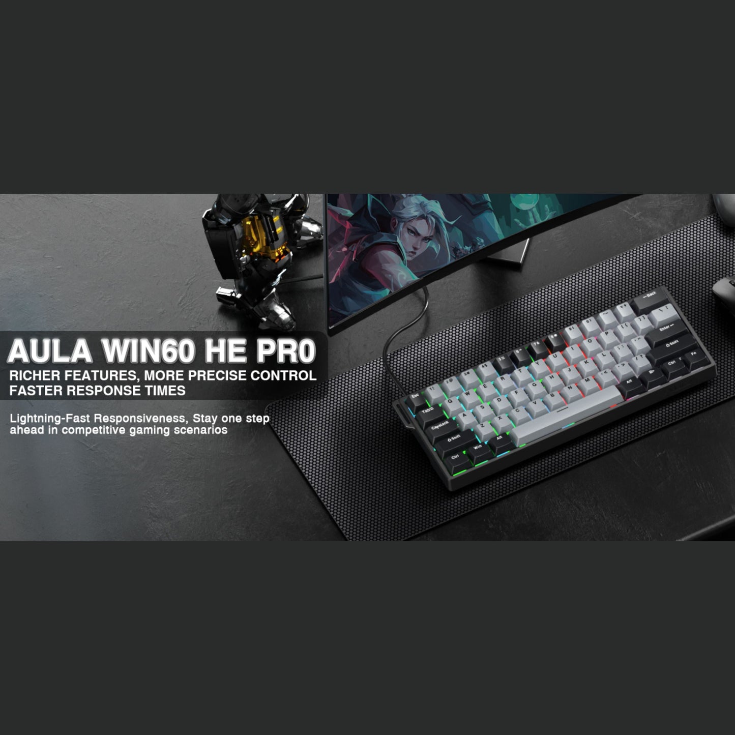 WIN60 HE 61-Key Wired Hall Effect Magnetic 60% Gaming Keyboard, RGB, Instant Commands, 60% Compact Design, Near-Zero Delay, Custom Actuation, Rapid Response - Grey/Black