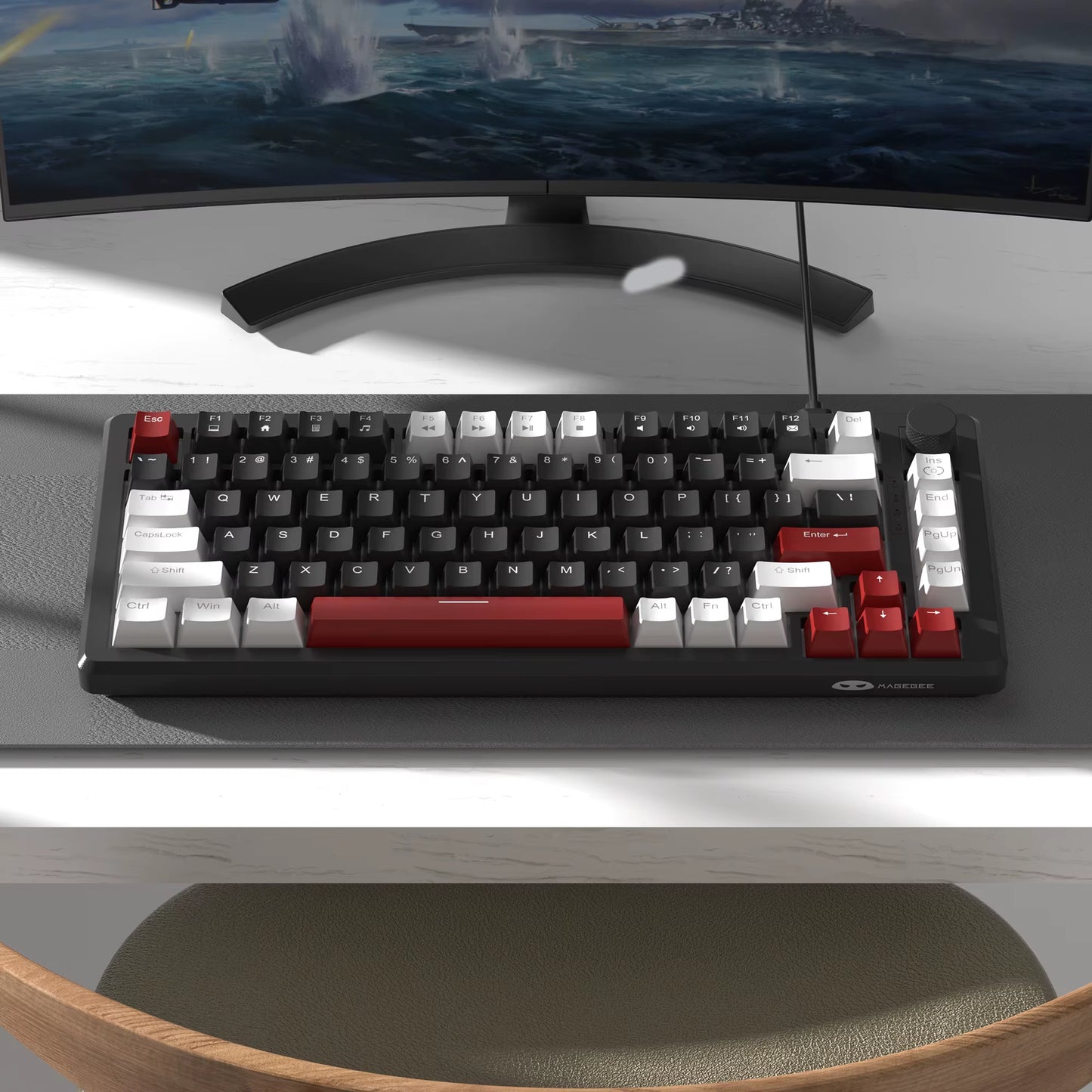 75% Mechanical Gaming Keyboard with Knob Control, Blue Backlit Wired Gaming Keyboard Red/Yellow Switch for PC Windows
