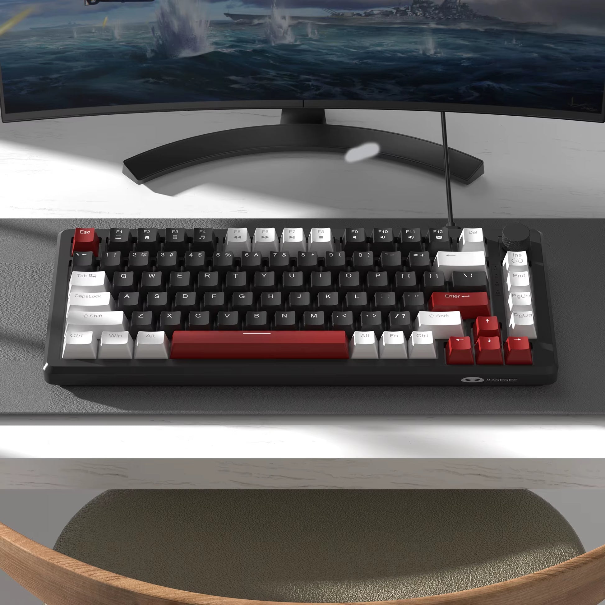 75% Mechanical Gaming Keyboard with Knob Control, Blue Backlit Wired Gaming Keyboard Red/Yellow Switch for PC Windows