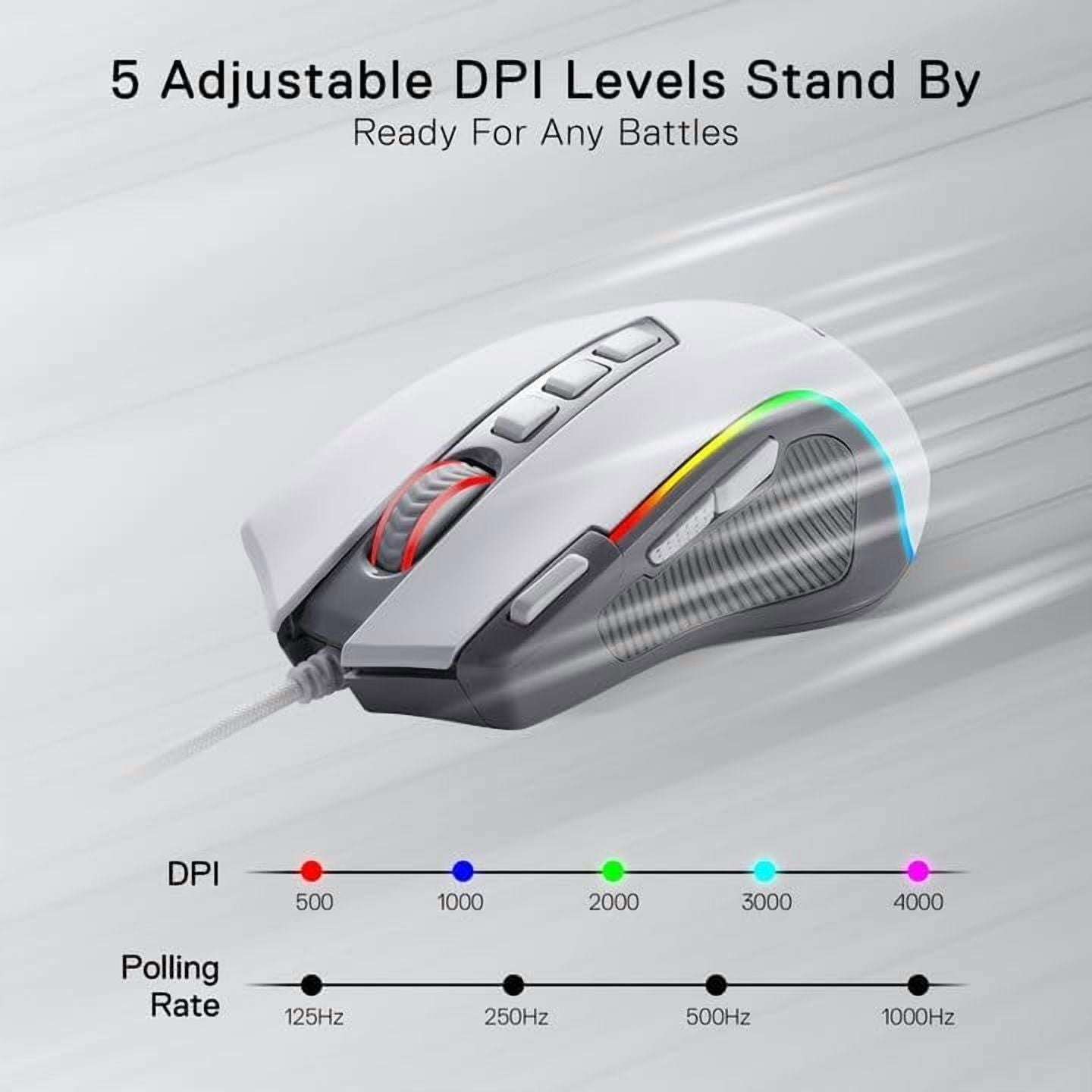 M612 RGB Gaming Mouse, 8000 DPI Wired Optical Gamer Mouse with 9 Programmable Buttons & 5 Backlit Modes, Software Supports DIY Keybinds Rapid Fire Button, Gray&White