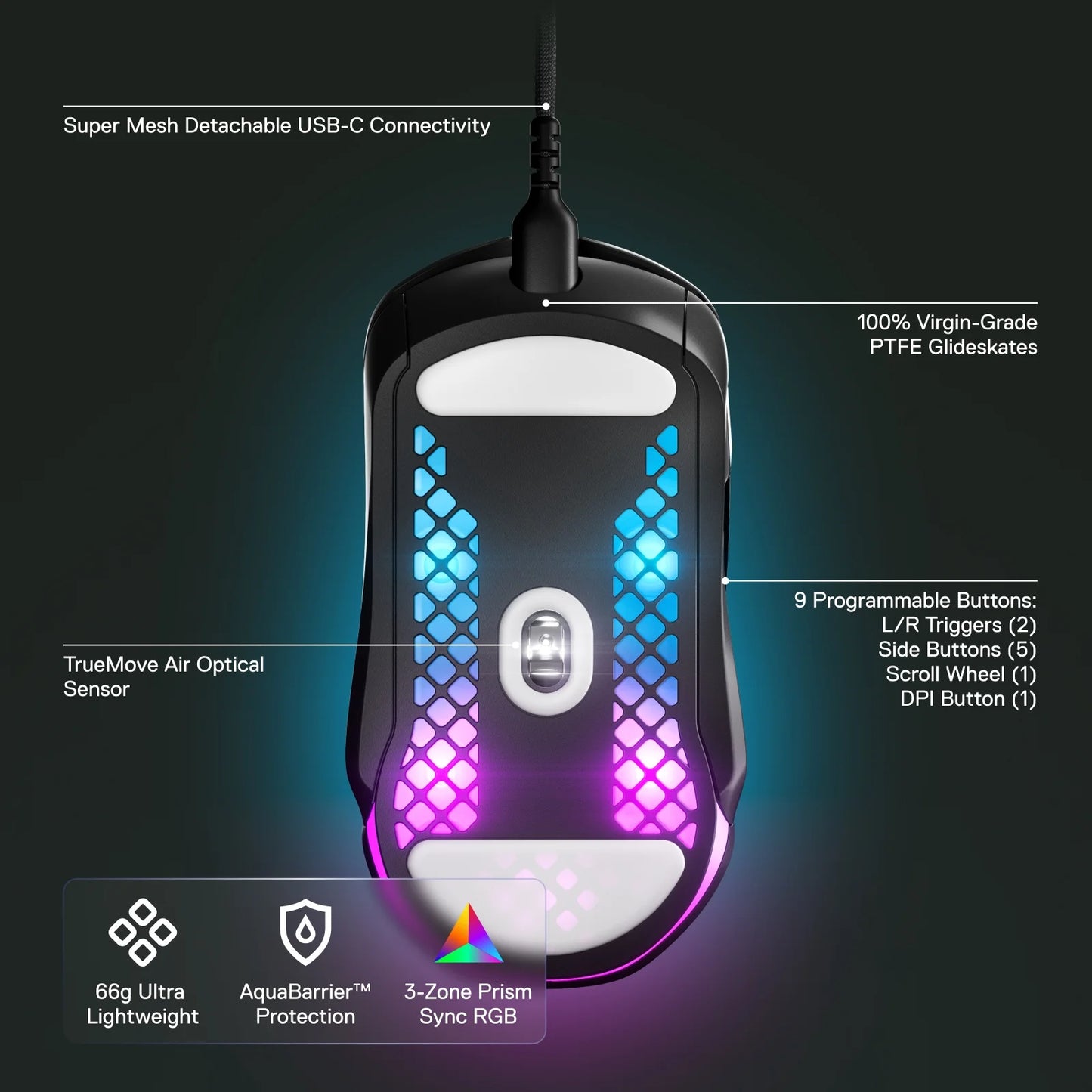 Aerox 5 Ultra Lightweight Honeycomb Water Resistant Wired RGB Optical Gaming Mouse with 9 Programmable Buttons