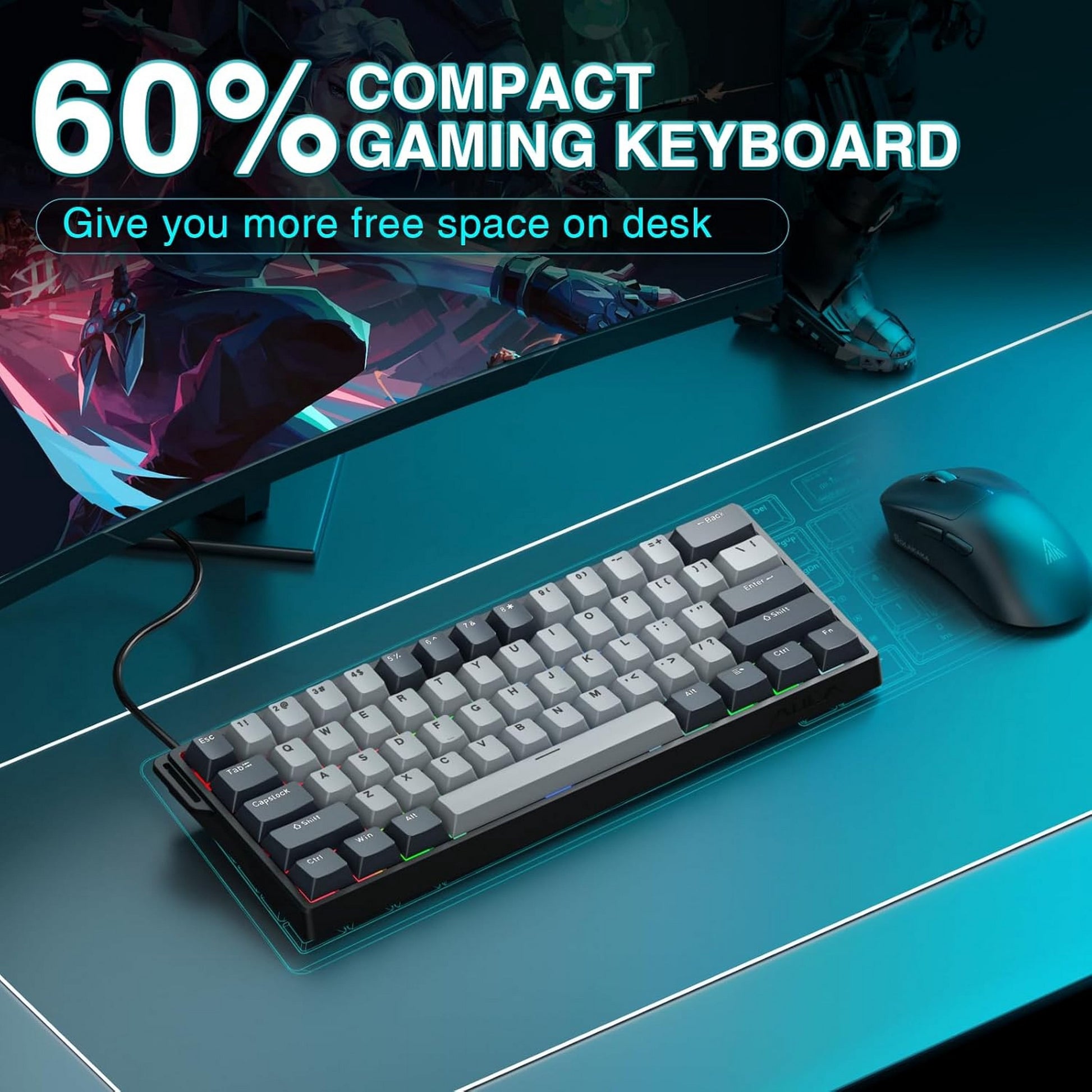 WIN60 HE 61-Key Wired Hall Effect Magnetic 60% Gaming Keyboard, RGB, Instant Commands, 60% Compact Design, Near-Zero Delay, Custom Actuation, Rapid Response - Grey/Black