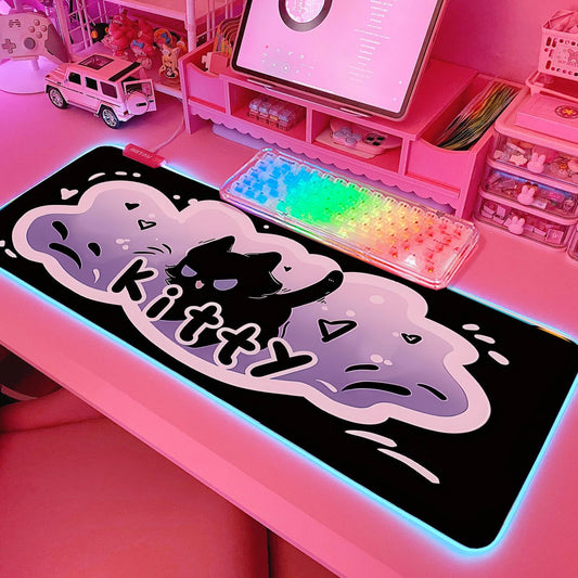 Pink RGB Gaming Mouse Pad 31.5X12 Inch PC XL Large Extended Glowing Led Light up Desk Pad Non-Slip Rubber Base Computer Cute Mousepad Mat Desk Accessories Gaming Setup Krazy Kitty