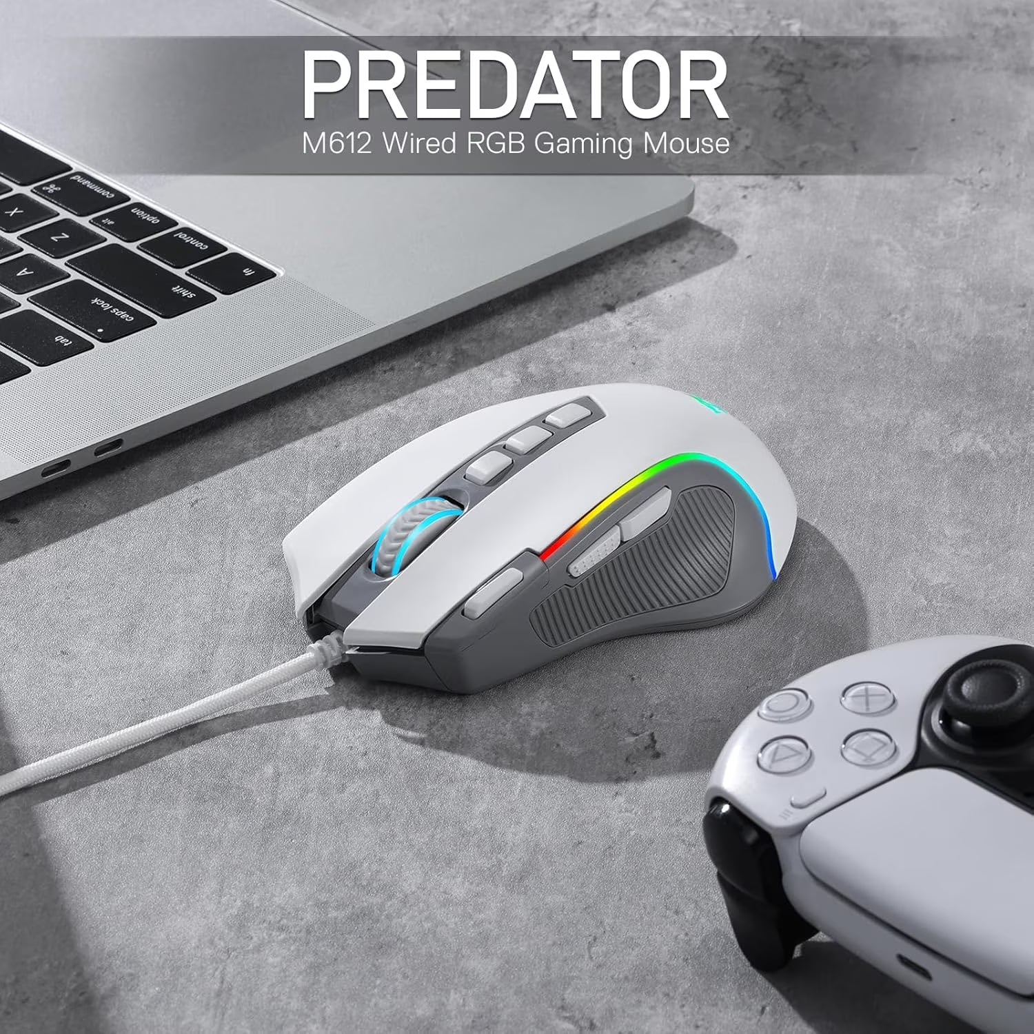 M612 RGB Gaming Mouse, 8000 DPI Wired Optical Gamer Mouse with 9 Programmable Buttons & 5 Backlit Modes, Software Supports DIY Keybinds Rapid Fire Button, Gray&White