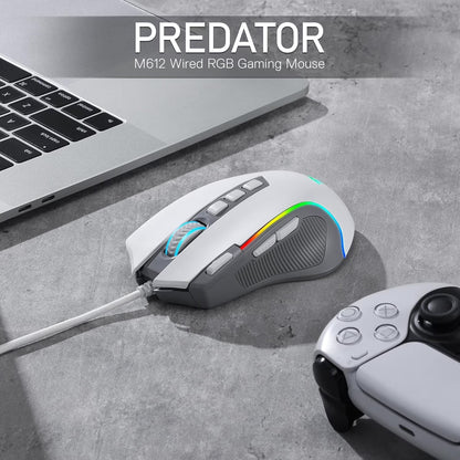 M612 RGB Gaming Mouse, 8000 DPI Wired Optical Gamer Mouse with 9 Programmable Buttons & 5 Backlit Modes, Software Supports DIY Keybinds Rapid Fire Button, Gray&White