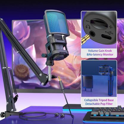 USB Gaming Microphone Condenser Mic with RGB Boom Arm Pop Filter for Streaming Podcast in Black 1-Piece