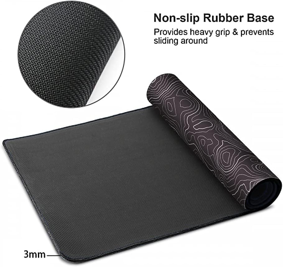 Black Topographic Desk Mat, Large Gaming Mouse Pad 35.4X15.7In