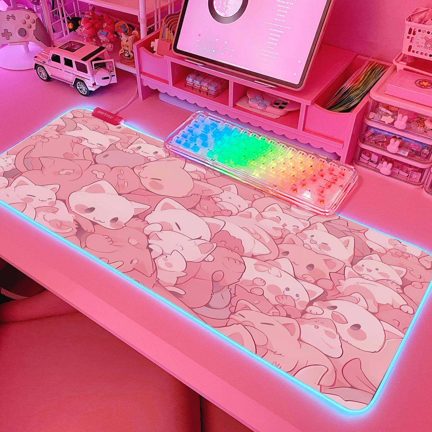 Pink RGB Gaming Mouse Pad 31.5X12 Inch PC XL Large Extended Glowing Led Light up Desk Pad Non-Slip Rubber Base Computer Cute Mousepad Mat Desk Accessories Gaming Setup Dreamy Cats