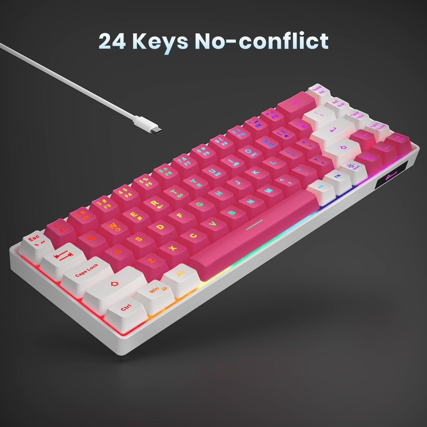 65% Gaming Keyboard, LED Backlit Mini Wired Keyboard, Ultra-Compact Anti-Ghosting No-Conflict 68 Keys Membrane Gaming Wired Keyboard for PC Laptop Windows Gamer(Pink-White)
