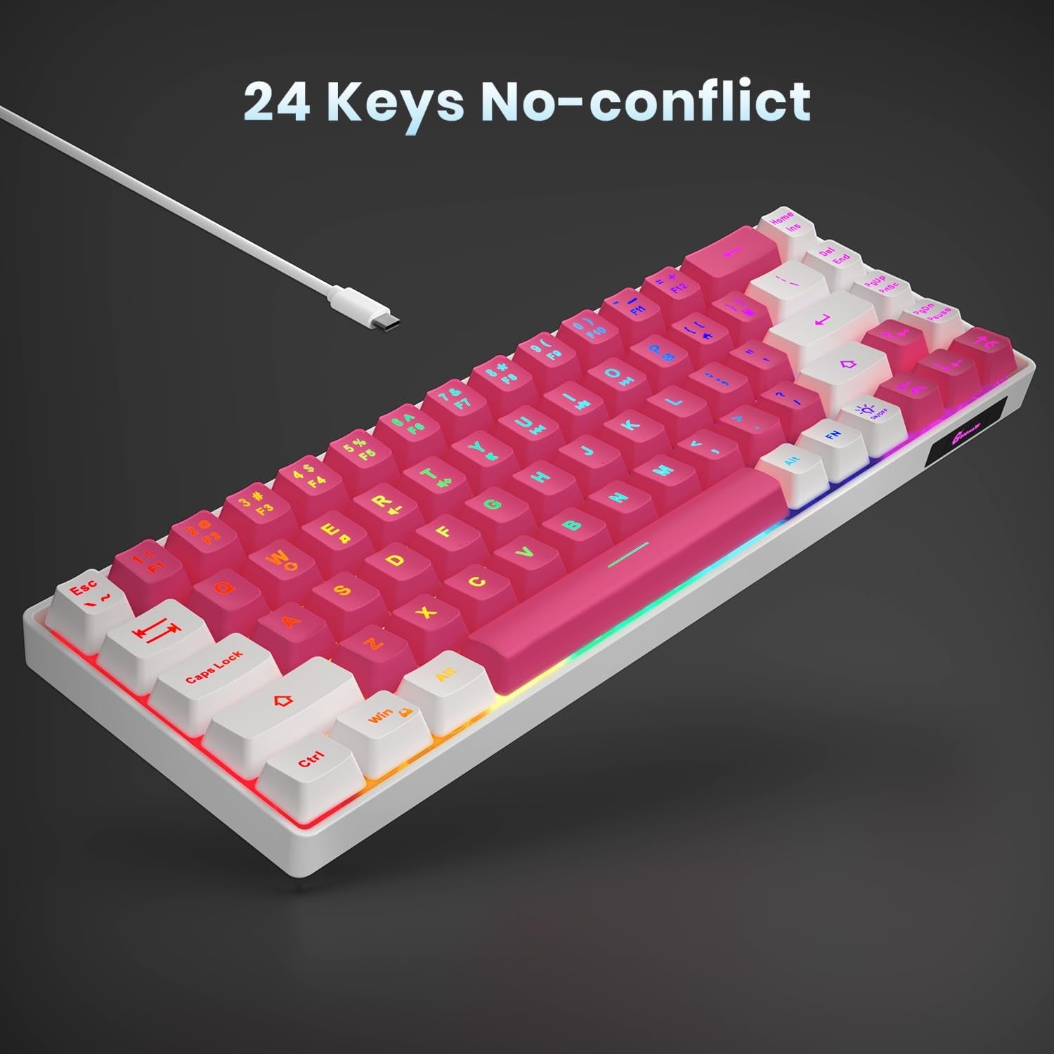 65% Gaming Keyboard, LED Backlit Mini Wired Keyboard, Ultra-Compact Anti-Ghosting No-Conflict 68 Keys Membrane Gaming Wired Keyboard for PC Laptop Windows Gamer(Pink-White)
