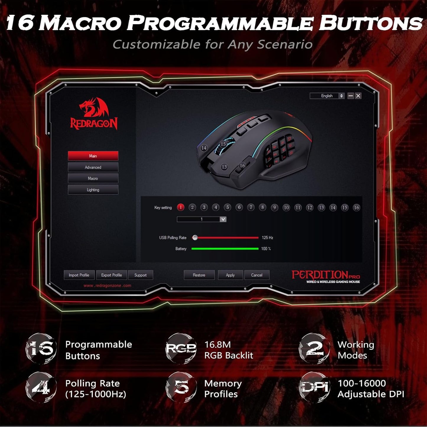 Wireless Gaming Mouse, MMO Gaming Mouse up 16,000 DPI, 16 Macro Programmable Buttons, RGB Rechargeable with 12 Side Buttons, 70Hrs for PC Laptop MOBA FPS, M901P-KS