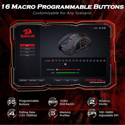 Wireless Gaming Mouse, MMO Gaming Mouse up 16,000 DPI, 16 Macro Programmable Buttons, RGB Rechargeable with 12 Side Buttons, 70Hrs for PC Laptop MOBA FPS, M901P-KS
