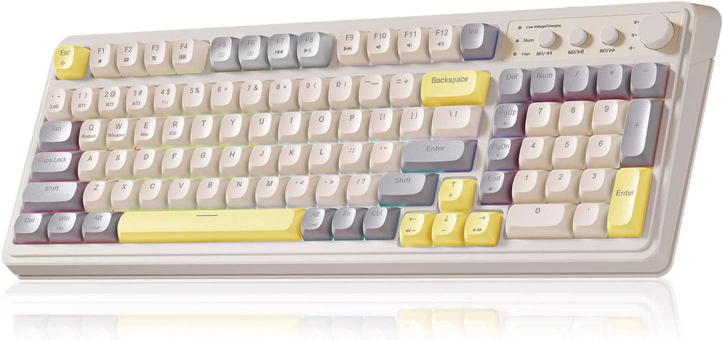 S99 Gaming Keyboard, Ergonomic Computer Keyboards, Wireless Creamy Keyboard Full Size Cute Backlit Media Knob Programmable Tri-Mode Bluetooth/2.4Ghz/Usb-C Keyboard for PC Gamer - Grey & Yellow