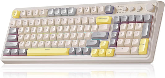 S99 Gaming Keyboard, Ergonomic Computer Keyboards, Wireless Creamy Keyboard Full Size Cute Backlit Media Knob Programmable Tri-Mode Bluetooth/2.4Ghz/Usb-C Keyboard for PC Gamer - Grey & Yellow