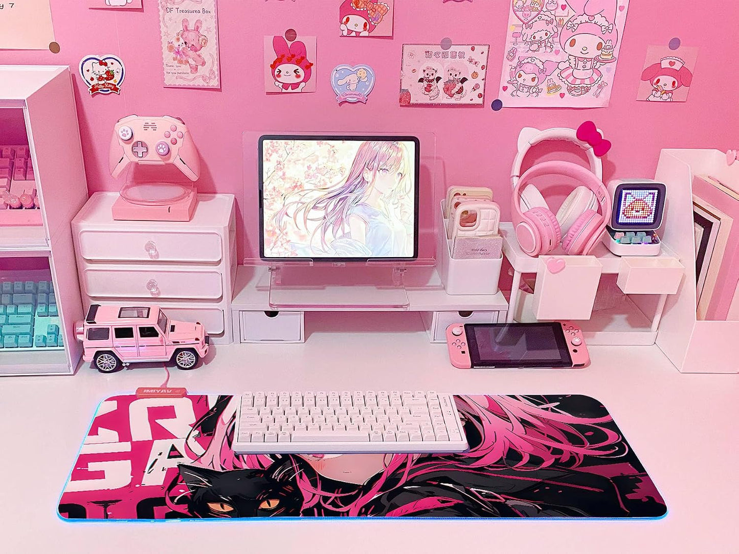 Pink RGB Gaming Mouse Pad 31.5X12 Inch PC XL Large Extended Glowing Led Light up Desk Pad Non-Slip Rubber Base Computer Cute Mousepad Mat Desk Accessories Gaming Setup Sweet Girl