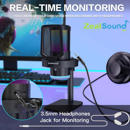 Gaming USB Microphone with RGB Light, Noise Cancelling, Echo and Mute Control, Plug & Play Condenser Mic for PC, Streaming, Podcast, and Recording on Mac & Window