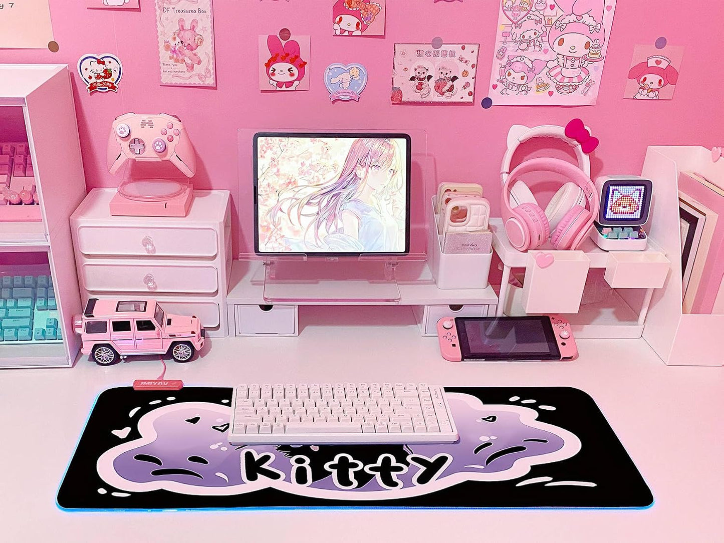 Pink RGB Gaming Mouse Pad 31.5X12 Inch PC XL Large Extended Glowing Led Light up Desk Pad Non-Slip Rubber Base Computer Cute Mousepad Mat Desk Accessories Gaming Setup Krazy Kitty