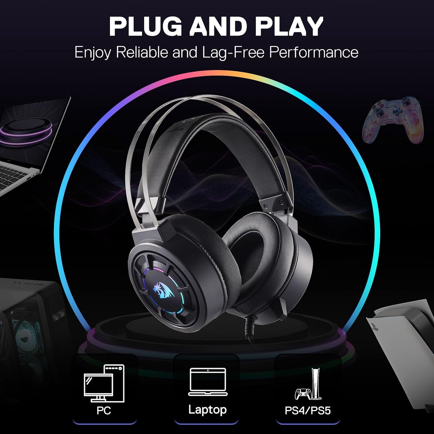 H314 RGB Gaming Headset - Wired Computer Headset with 40Mm Drivers, USB Connection, Lightweight Design, and Soft PU Leather Ear Cushions for Ultimate Comfort