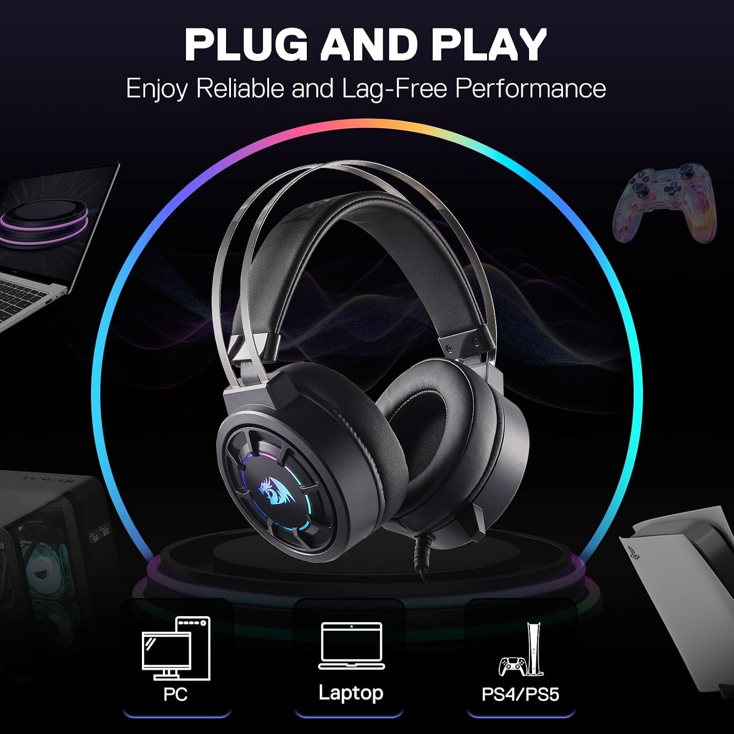 H314 RGB Gaming Headset - Wired Computer Headset with 40Mm Drivers, USB Connection, Lightweight Design, and Soft PU Leather Ear Cushions for Ultimate Comfort