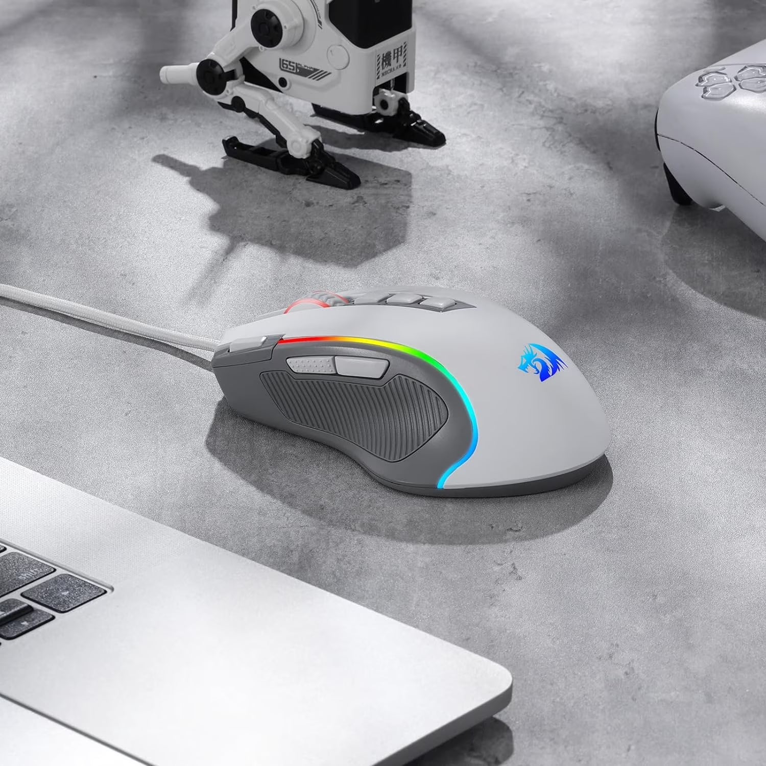 M612 RGB Gaming Mouse, 8000 DPI Wired Optical Gamer Mouse with 9 Programmable Buttons & 5 Backlit Modes, Software Supports DIY Keybinds Rapid Fire Button, Gray&White