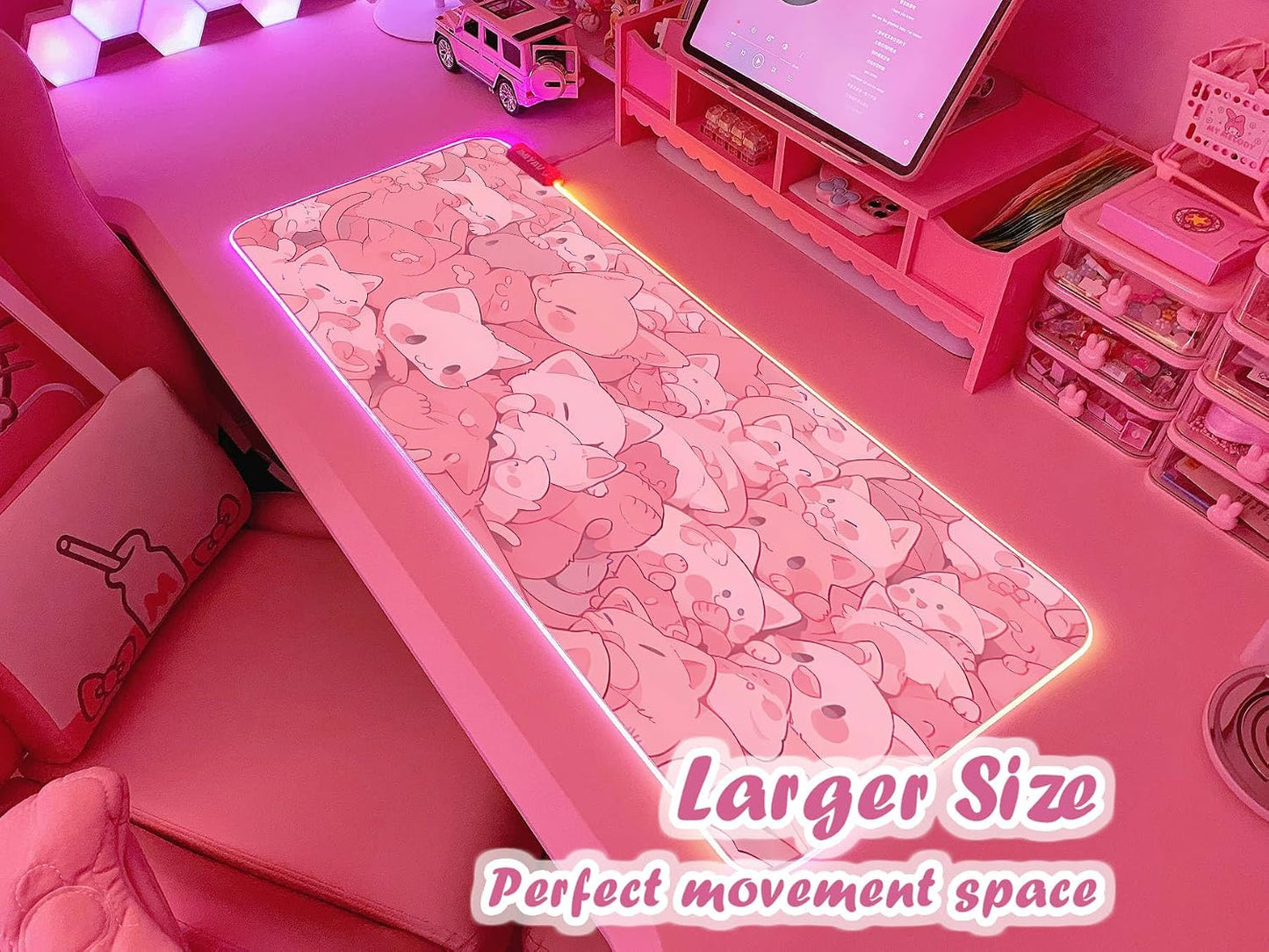 Pink RGB Gaming Mouse Pad 31.5X12 Inch PC XL Large Extended Glowing Led Light up Desk Pad Non-Slip Rubber Base Computer Cute Mousepad Mat Desk Accessories Gaming Setup Dreamy Cats