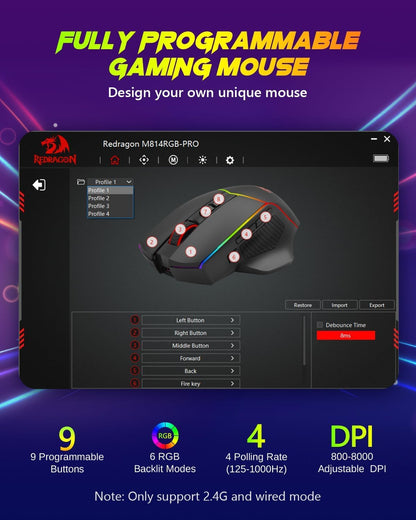 Axe M814 Programmable Wireless Gaming Mouse, with RGB Streaming Lights, 8 Programmable Buttons, Max 8000DPI,15G Acc,Multifunctional Software, Ergonomic Design