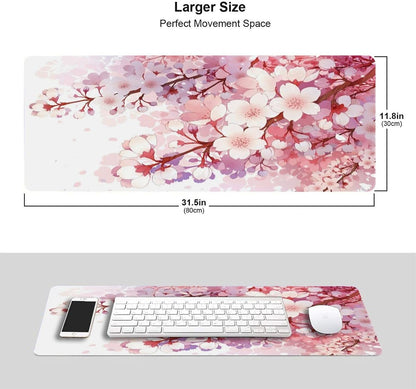 Cherry Blossom Floral Gaming Mouse Pad Large XL Pink Flower Desk Mat Long Extended Pads Big Mousepad Home Office Decor Accessories for Computer Pc Laptop