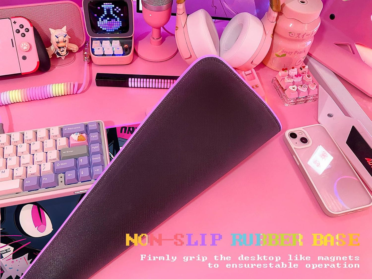 Pink RGB Gaming Mouse Pad 31.5X12 Inch PC XL Large Extended Glowing Led Light up Desk Pad Non-Slip Rubber Base Computer Cute Mousepad Mat Desk Accessories Gaming Setup Cyber Meow