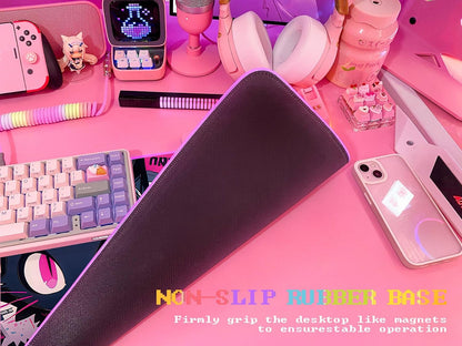 Pink RGB Gaming Mouse Pad 31.5X12 Inch PC XL Large Extended Glowing Led Light up Desk Pad Non-Slip Rubber Base Computer Cute Mousepad Mat Desk Accessories Gaming Setup Cyber Meow
