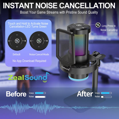 Gaming USB Microphone with RGB Light, Noise Cancelling, Echo and Mute Control, Plug & Play Condenser Mic for PC, Streaming, Podcast, and Recording on Mac & Window