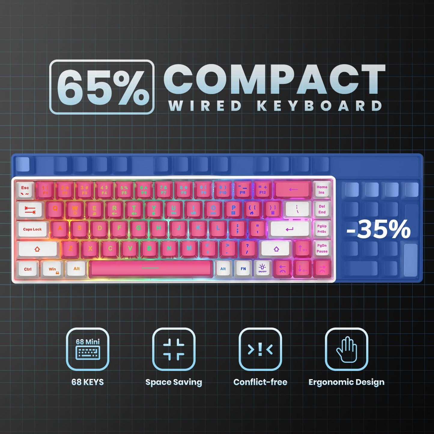 65% Gaming Keyboard, LED Backlit Mini Wired Keyboard, Ultra-Compact Anti-Ghosting No-Conflict 68 Keys Membrane Gaming Wired Keyboard for PC Laptop Windows Gamer(Pink-White)
