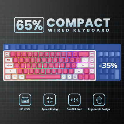 65% Gaming Keyboard, LED Backlit Mini Wired Keyboard, Ultra-Compact Anti-Ghosting No-Conflict 68 Keys Membrane Gaming Wired Keyboard for PC Laptop Windows Gamer(Pink-White)