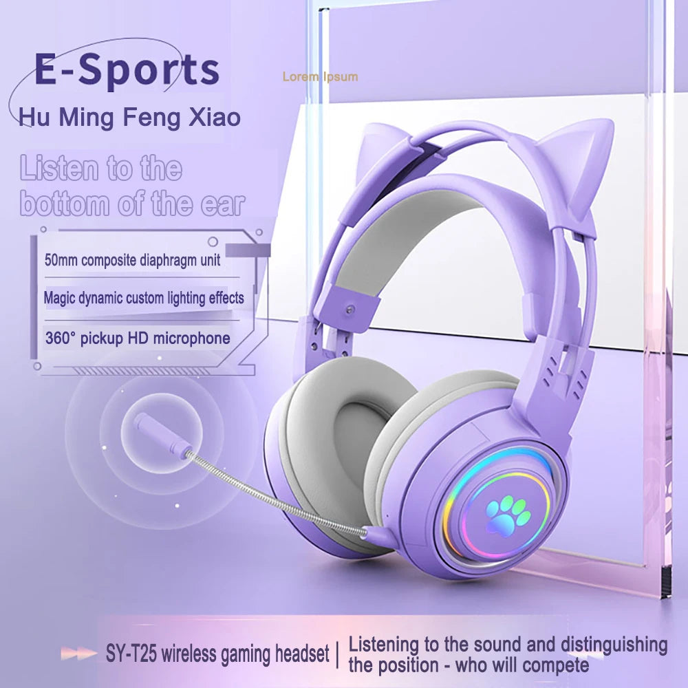 Bluetooth Headphones RGB Gaming Headphones for PC Microphone Surround Sound with Deer Ear Cat Ear Girl Gifts Glow Light Stereo