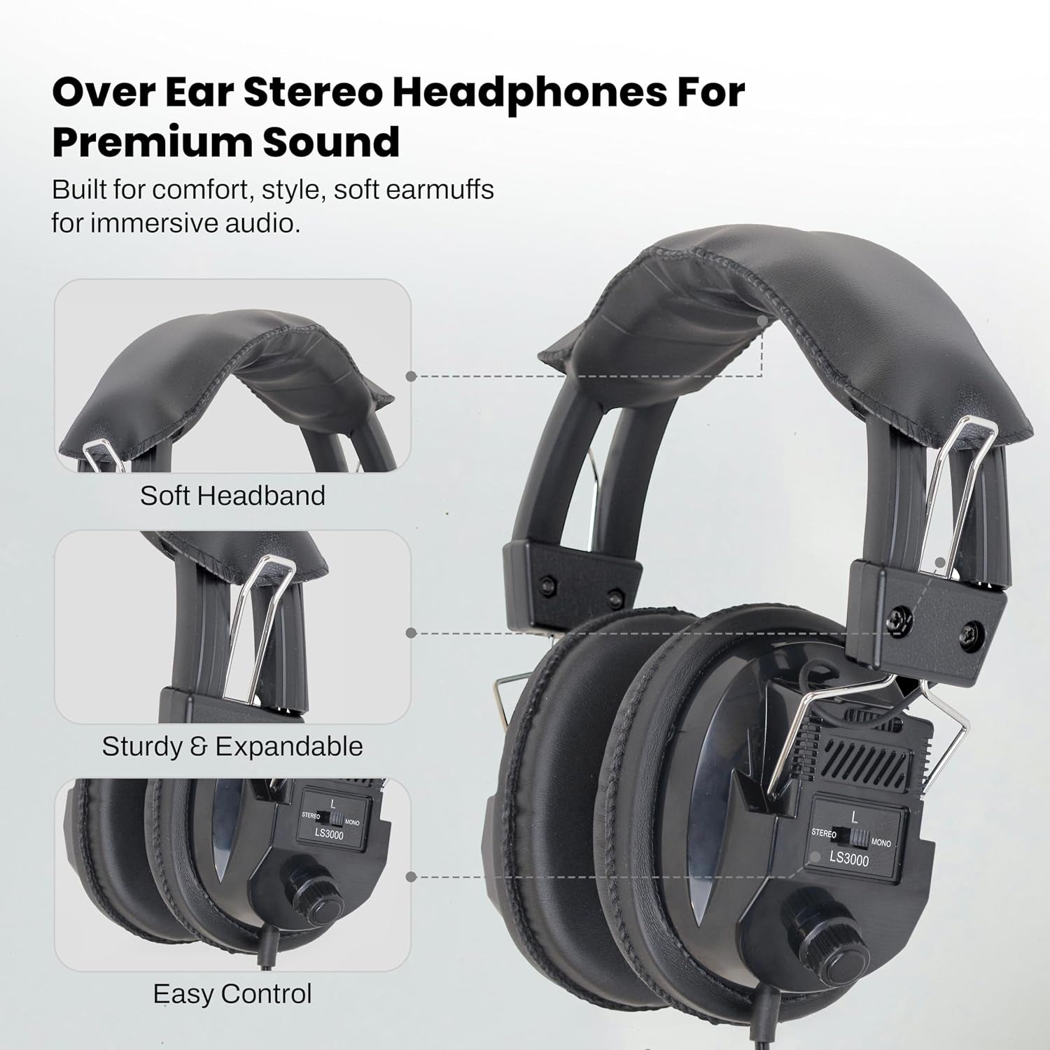 Over-Ear Stereo Headphones Black – Passive Noise Cancelling Wired Headset for Music, Gaming, Work, Travel – Comfortable, Durable, Clear Stereo Sound – Made in USA