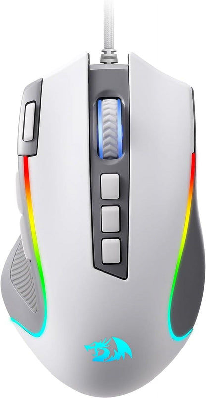M612 RGB Gaming Mouse, 8000 DPI Wired Optical Gamer Mouse with 9 Programmable Buttons & 5 Backlit Modes, Software Supports DIY Keybinds Rapid Fire Button, Gray&White