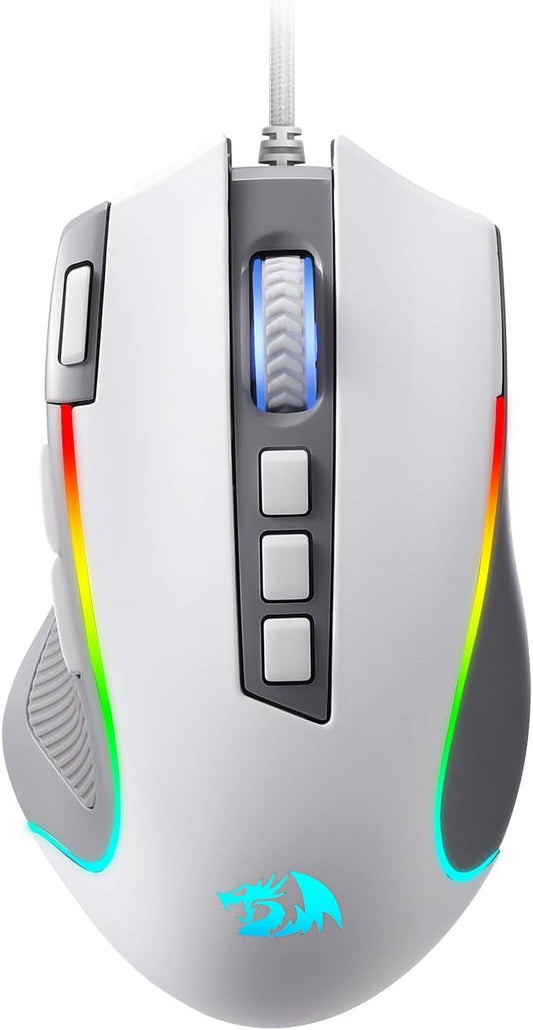 M612 RGB Gaming Mouse, 8000 DPI Wired Optical Gamer Mouse with 9 Programmable Buttons & 5 Backlit Modes, Software Supports DIY Keybinds Rapid Fire Button, Gray&White