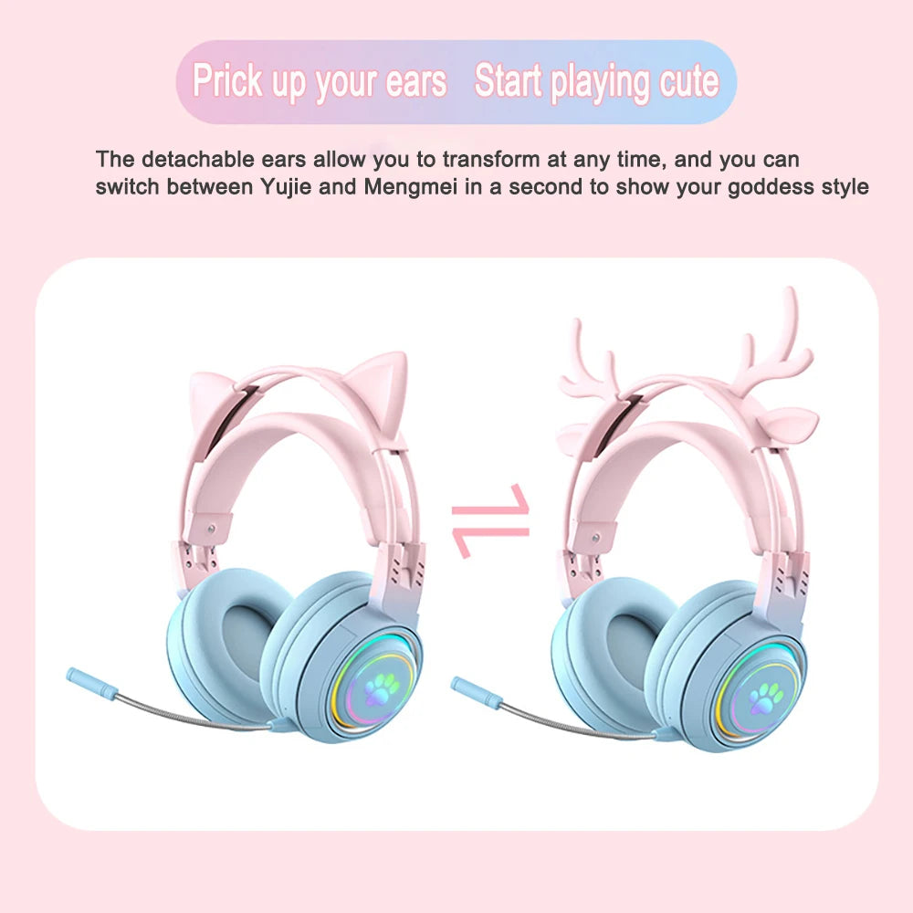 Bluetooth Headphones RGB Gaming Headphones for PC Microphone Surround Sound with Deer Ear Cat Ear Girl Gifts Glow Light Stereo