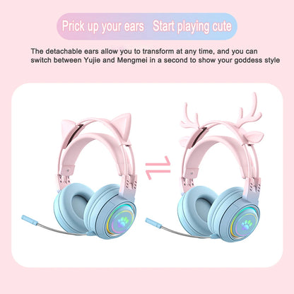 Bluetooth Headphones RGB Gaming Headphones for PC Microphone Surround Sound with Deer Ear Cat Ear Girl Gifts Glow Light Stereo