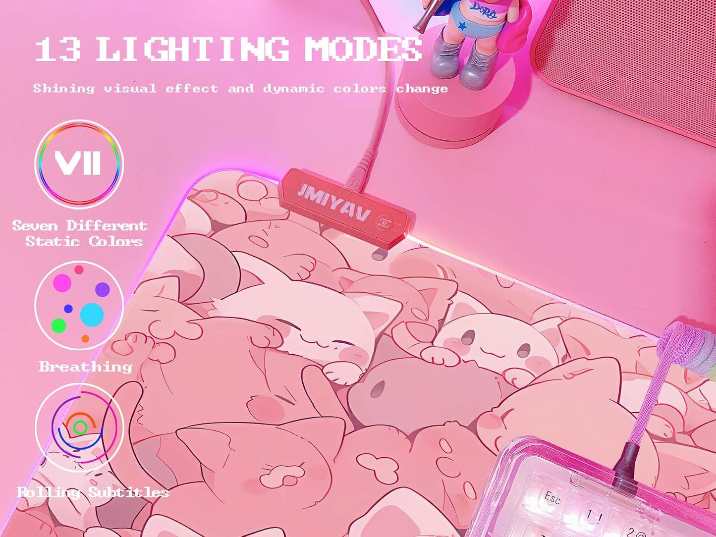 Pink RGB Gaming Mouse Pad 31.5X12 Inch PC XL Large Extended Glowing Led Light up Desk Pad Non-Slip Rubber Base Computer Cute Mousepad Mat Desk Accessories Gaming Setup Dreamy Cats