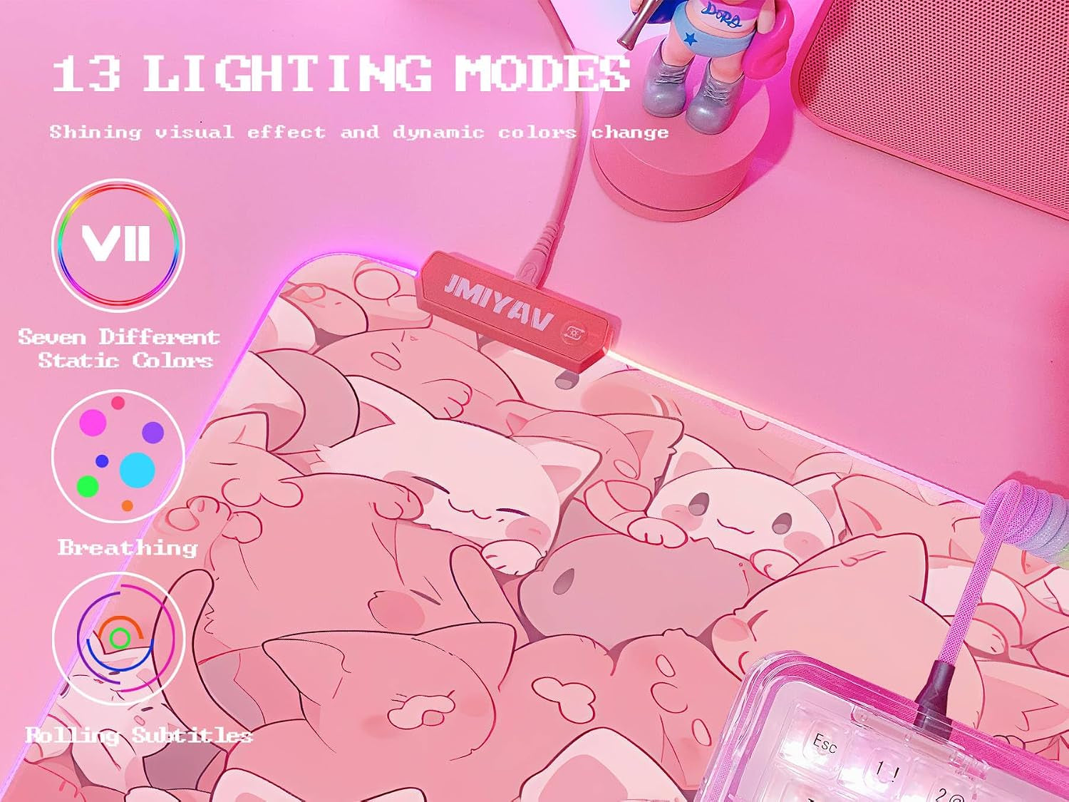 Pink RGB Gaming Mouse Pad 31.5X12 Inch PC XL Large Extended Glowing Led Light up Desk Pad Non-Slip Rubber Base Computer Cute Mousepad Mat Desk Accessories Gaming Setup Dreamy Cats