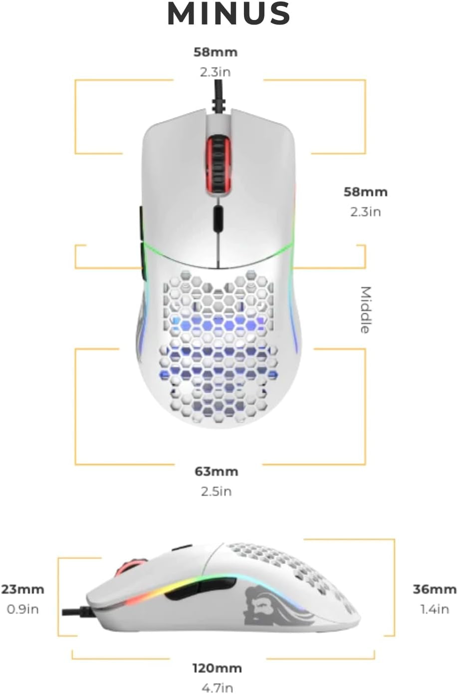 Model O- (Minus) Compact Wired Gaming Mouse - 58G Superlight Honeycomb Design, RGB, Pixart 3360 Sensor, Ambidextrous, Omron Switches - Matte White