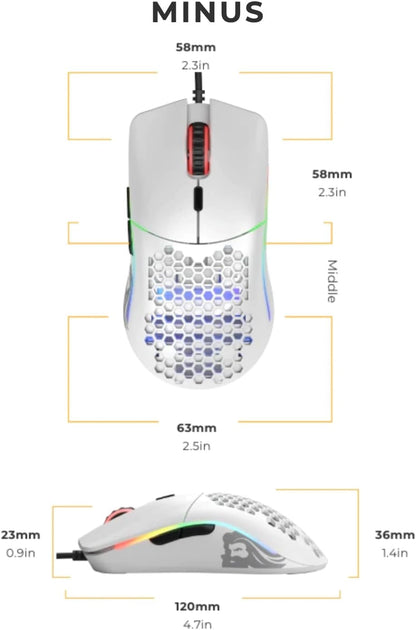Model O- (Minus) Compact Wired Gaming Mouse - 58G Superlight Honeycomb Design, RGB, Pixart 3360 Sensor, Ambidextrous, Omron Switches - Matte White