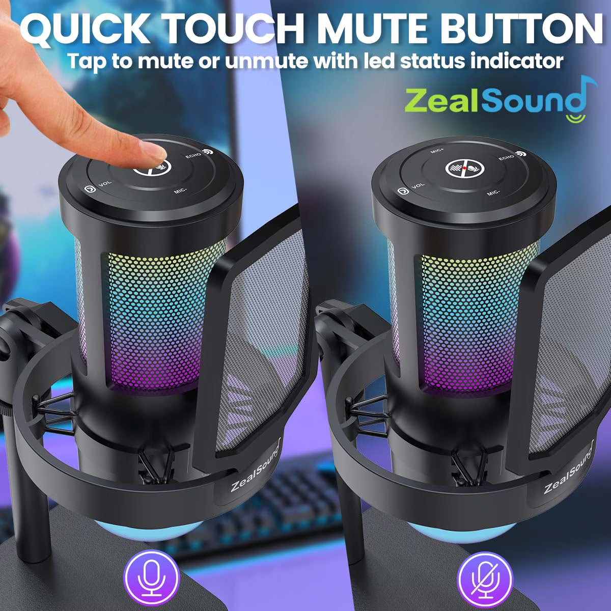 Gaming USB Microphone with RGB Light, Noise Cancelling, Echo and Mute Control, Plug & Play Condenser Mic for PC, Streaming, Podcast, and Recording on Mac & Window