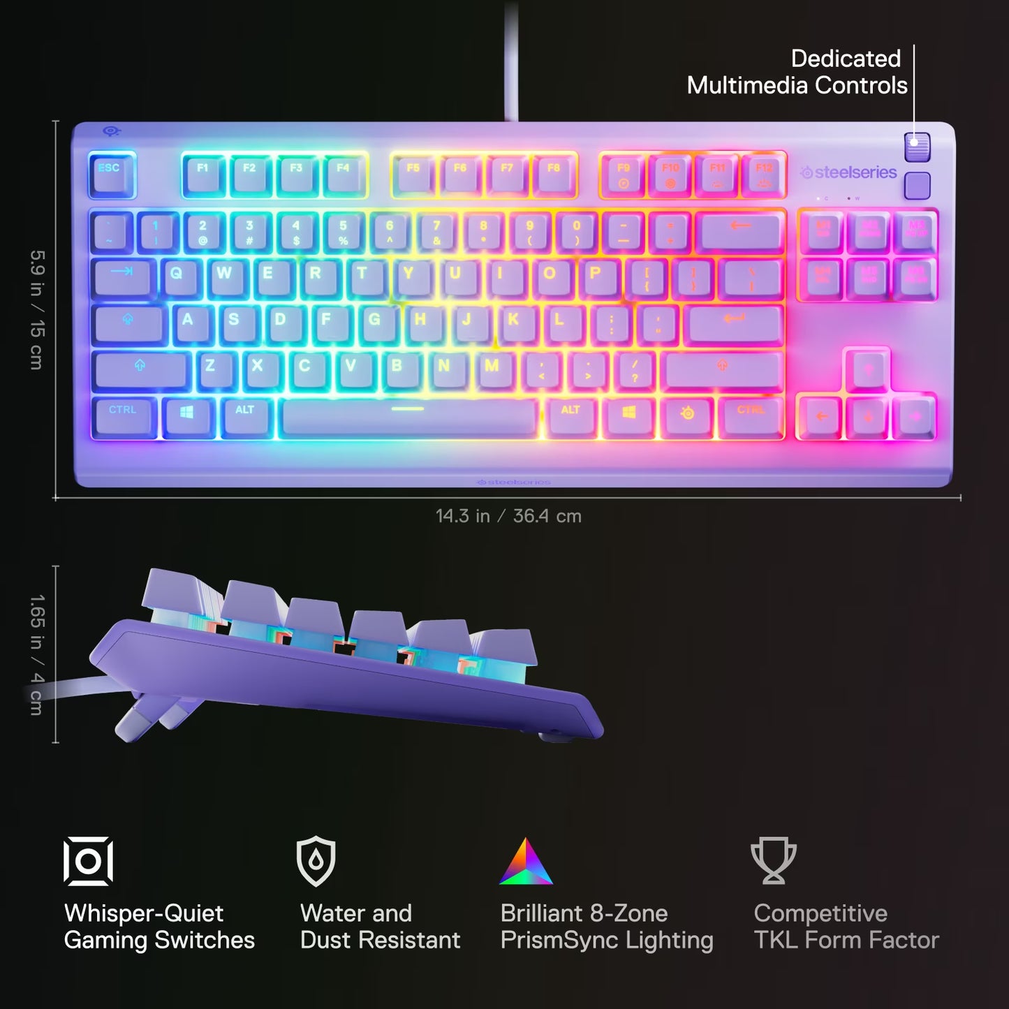Apex 3 TKL Gaming Keyboard - Tenkeyless, RGB, Water & Dust Resistant - 8-Zone RGB Illumination — Whisper-Quiet Gaming Switch - Lavender