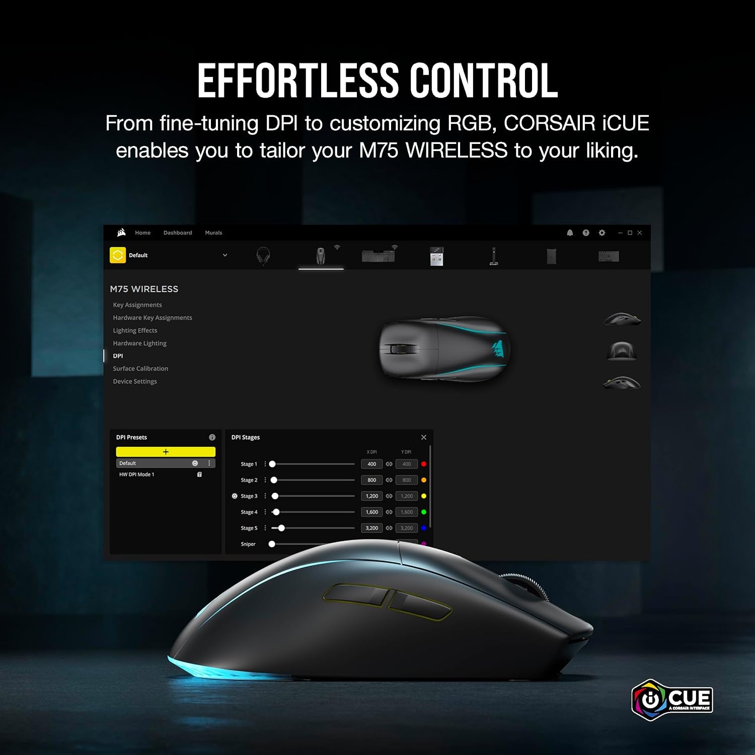 Corsair M75 Wireless RGB Lightweight FPS Gaming Mouse – 26,000 DPI – Swappable Side Buttons – Icue Compatible – PC – Black
