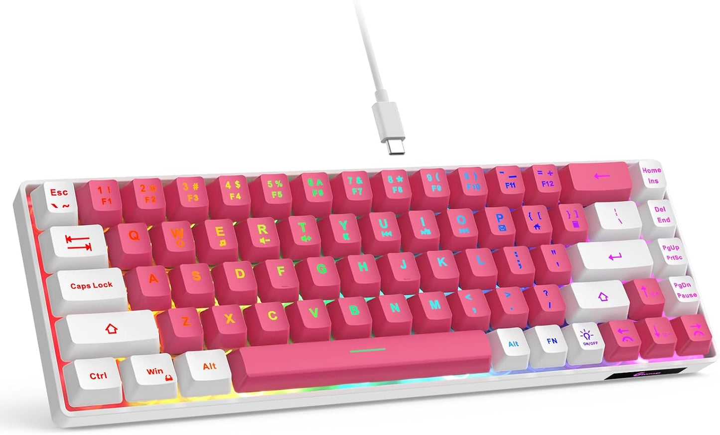 65% Gaming Keyboard, LED Backlit Mini Wired Keyboard, Ultra-Compact Anti-Ghosting No-Conflict 68 Keys Membrane Gaming Wired Keyboard for PC Laptop Windows Gamer(Pink-White)