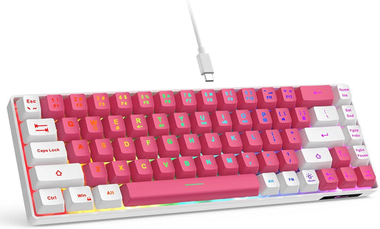 65% Gaming Keyboard, LED Backlit Mini Wired Keyboard, Ultra-Compact Anti-Ghosting No-Conflict 68 Keys Membrane Gaming Wired Keyboard for PC Laptop Windows Gamer(Pink-White)